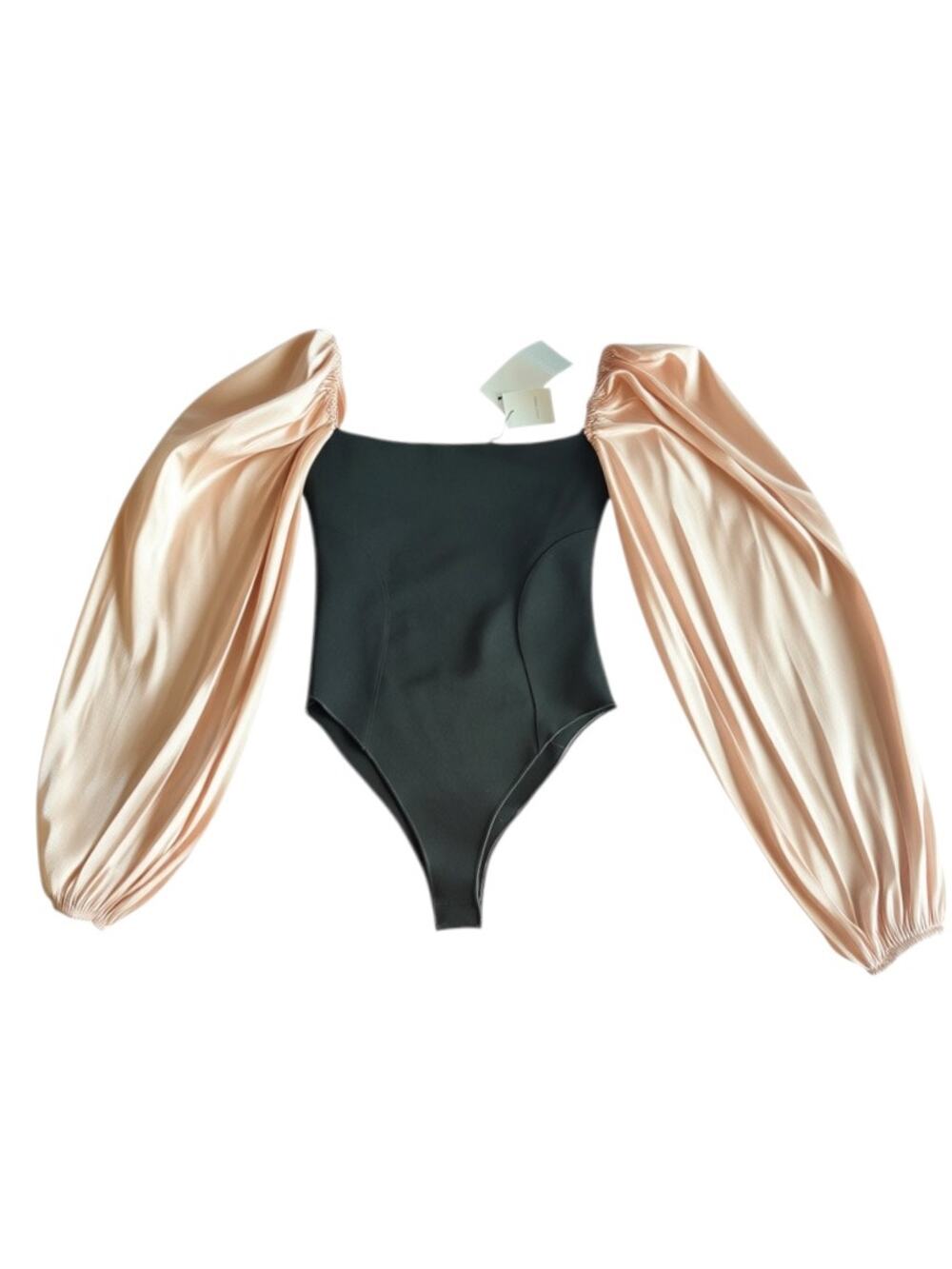 NWT Zara Sculpt Fabric Puff Sleeve Bodysuit | Size Small | Black & Blush
